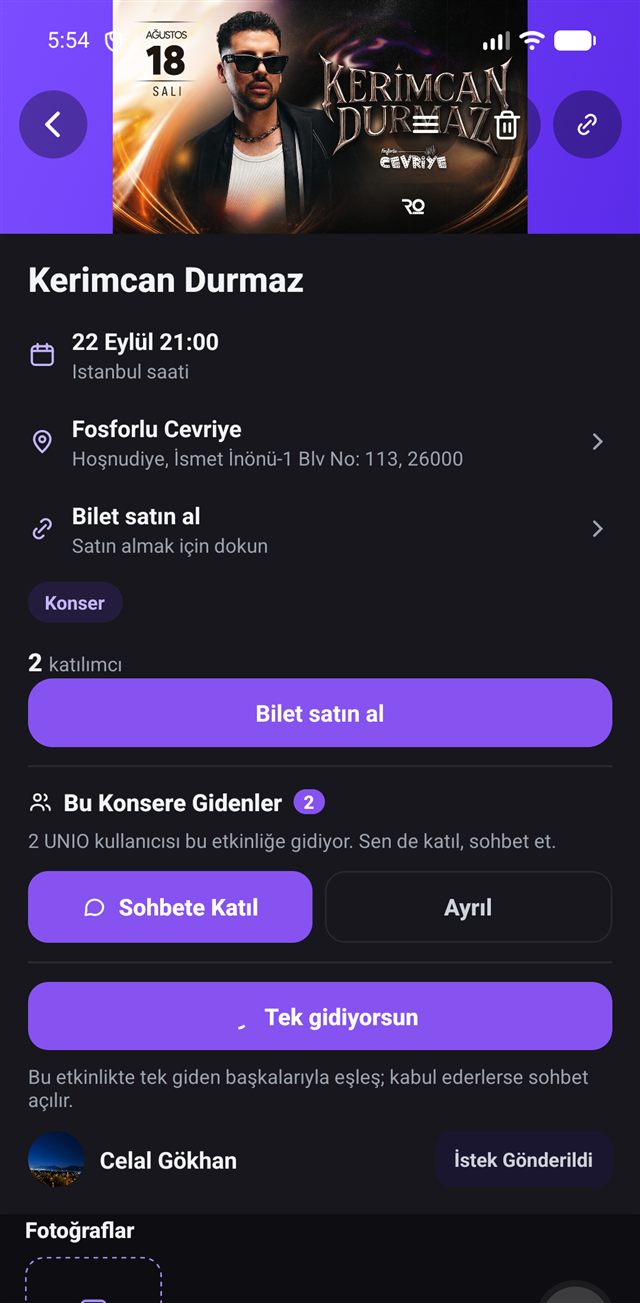 Senin ekranın: eşleşme isteği gönderildi, karşı tarafın kabulü bekleniyor