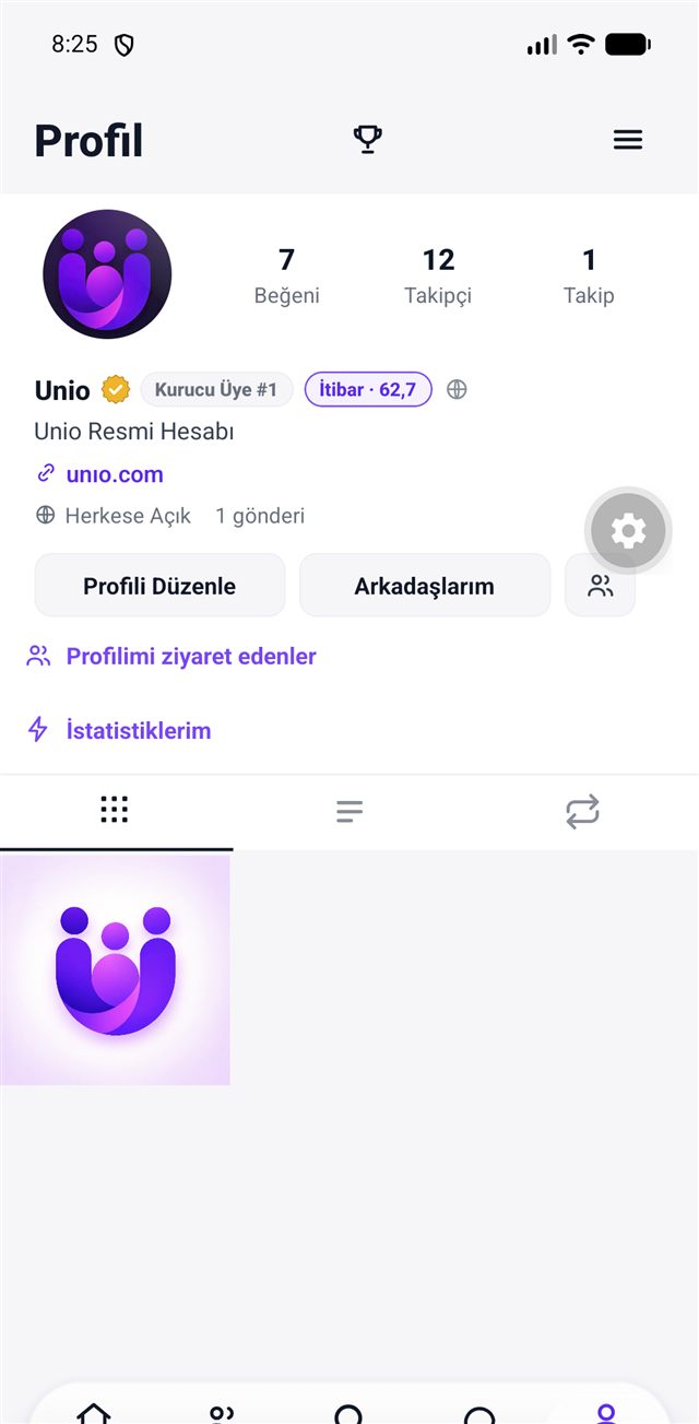 Unio profil ekranı: takipçiler, gönderiler ve profil eylemleri